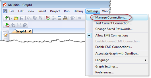 Ab Initio Graphical Development Environment (GDE) Settings menu.