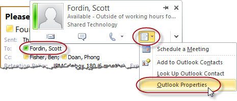 Microsoft Outlook Contact info bubble.
